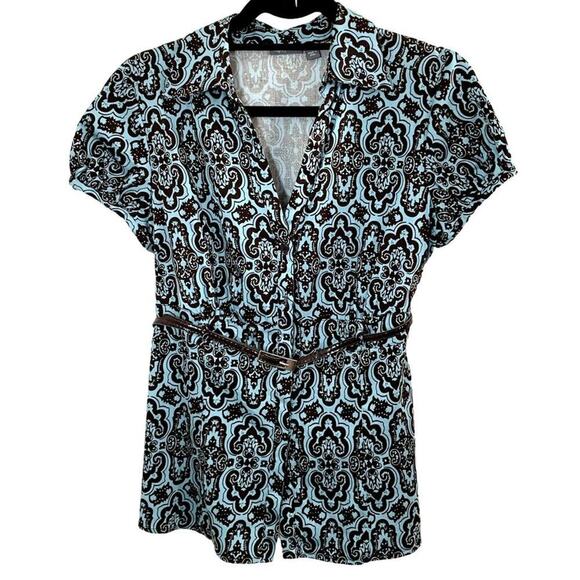 Lovely Apt. #9 Collared Aqua/Black Paisley Stretch Belted Stretchy top Sz M - Picture 1 of 6